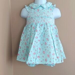 Laura Ashley Turquoise Blue Floral Smocked Tieback Dress with bloomers- sz 9 mos